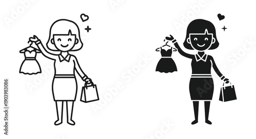 Cartoon Women Shopping with Dresses and Handbags Illustration