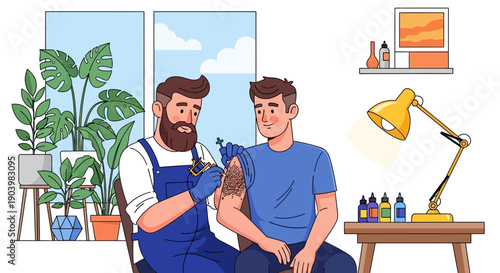 Tattoo Artist Applying Art to Customer in Modern Studio Illustration