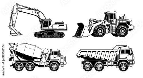 Heavy Construction Vehicles Equipment Set Vector Illustration