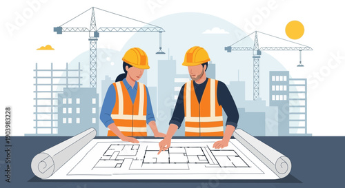Construction Workers Reviewing Blueprint Design at Building Site