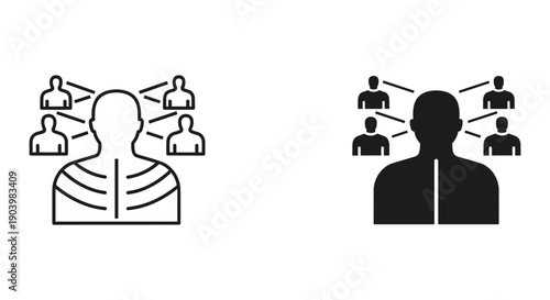 Business team support and leadership concept with human icons connected to leader in flat design illustration