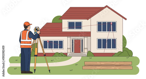Land Surveyor Measuring Residential House Property Illustration