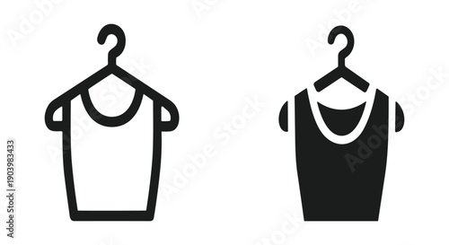 Blank black and white sleeveless tops hanging on minimalist hangers isolated on white background