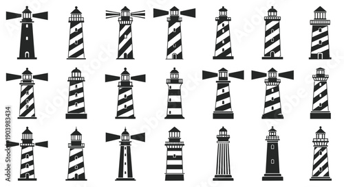 Lighthouse Set Black Silhouettes Collection of 18 Navigation Icons