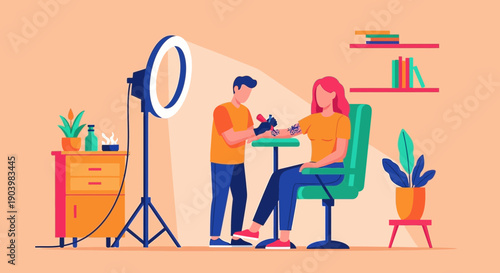 Tattoo Artist Working on Female Client Arm Flat Vector Illustration