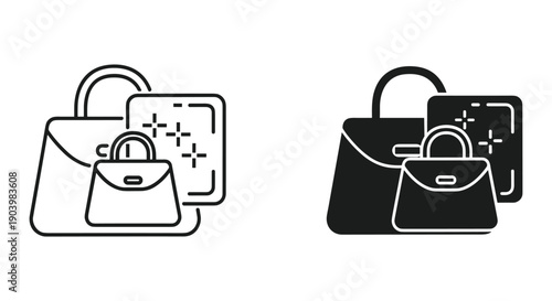 Handbag and Purse Icons in Black and White Outline Style