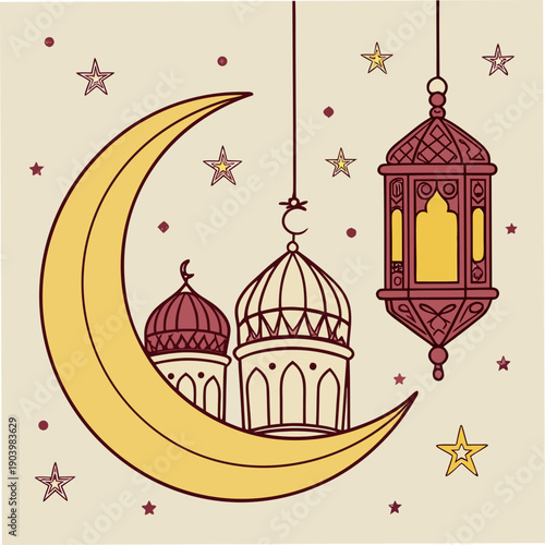 A beautiful ramadan kareem illustration with crescent moon and lantern designs