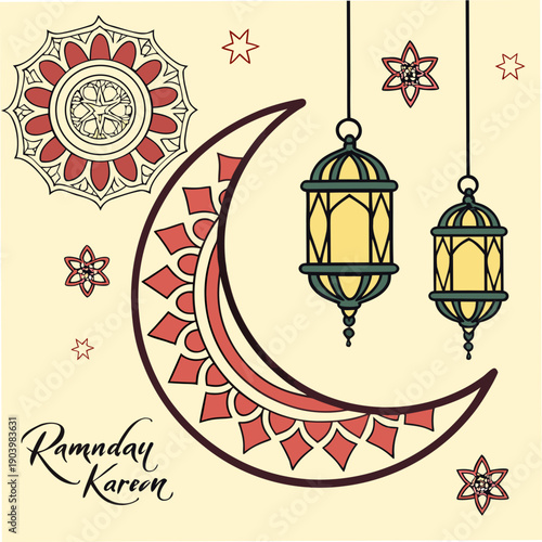 A beautiful ramadan kareem illustration with crescent moon and lantern designs