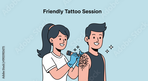 Female Tattoo Artist Working on Client Arm Illustration