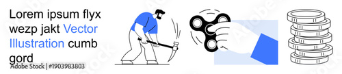 Financial growth, labor economy, entertainment, productivity, manual work, wealth accumulation. A miner, a hand with a spinner and coin stacks. Labor economy and financial growth concepts