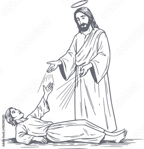 hand drawn illustration of jesus christ performing a resurrection miracle with no white fills and black line art style symbol