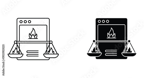 Justice scales on laptop with fire and balance concept digital law legal technology business equity illustration