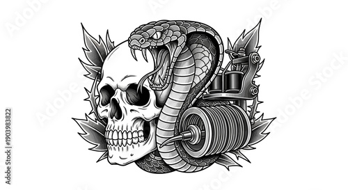 Classic Tattoo Style Skull Cobra and Coil Machine Monochrome Art