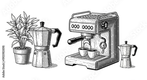 Vintage Espresso Machine and Moka Pots Engraving Black and White