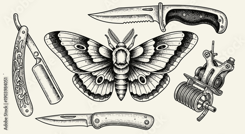 Vintage Black and White Tattoo Flash Art Set Razor Moth Knife