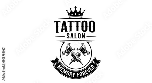 Vintage Tattoo Salon Logo Design with Crown and Crossed Machines