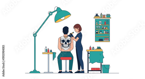 Tattoo Artist Working on Client Skull Back Tattoo Illustration