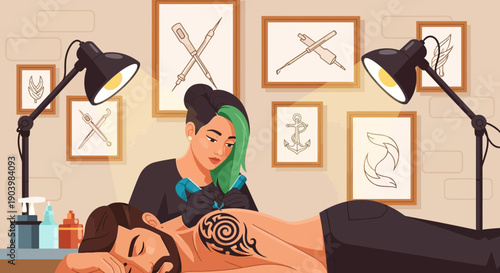 Professional Tattoo Artist Making a Design on a Clients Back