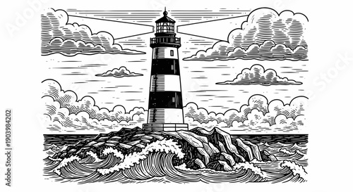 Black and White Engraved Lighthouse on Rocky Coast and Stormy Sea