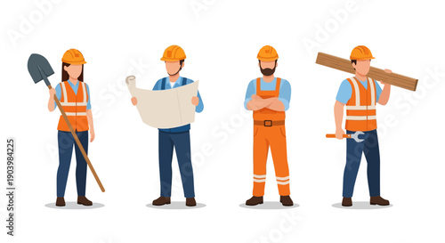 Construction Workers Team Flat Vector Illustration Set