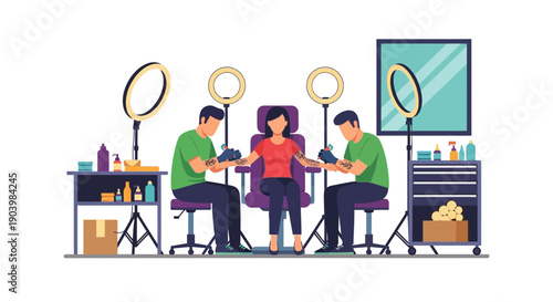 Tattoo Artists Working on Customer in Studio Flat Illustration