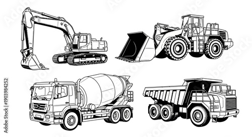 Heavy Construction Machinery Set Line Art Vector Illustration