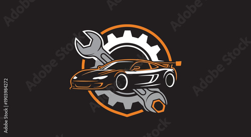 Premium automotive master mechanic badge featuring a sports car silhouette, gears, and wrench inside an orange circular shield. Ideal for professional car repair services.