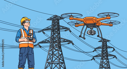 Engineer Inspecting Power Lines Using Drone Technology
