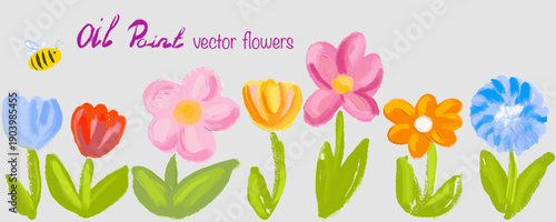 Hand drawn flowers with oil texture. Vector isolated, doodle. Colorful and interesting banner for a spring time.