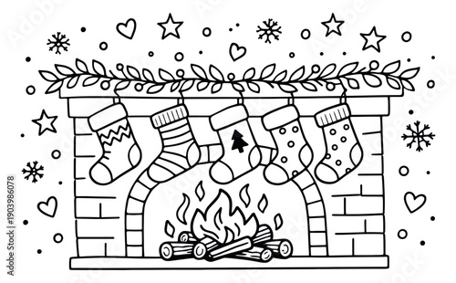 Hand drawn line art illustration of a Christmas fireplace depicting festive stockings hanging and a burning fire for the winter holidays