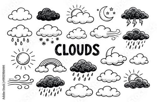 Hand drawn doodle weather elements set featuring clouds, sun, moon, rainbow, and wind for forecast and educational design