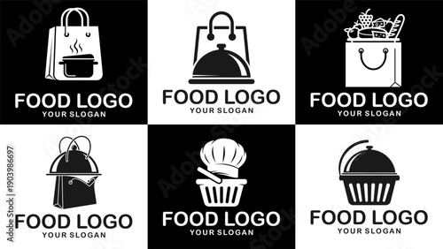 Creative food business logo set featuring grocery bag and cloche symbols. Clean style for cafe, catering, and online food service