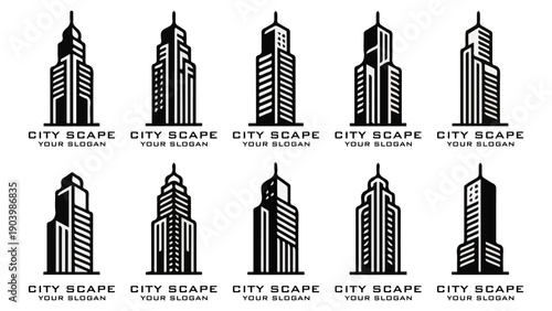 Modern City Tower Logo Set, Elegant Monochrome Vector Design
