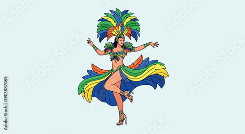 Vibrant dancer in colorful costume with feathered headdress against a light background performing a performance.