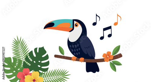Colorful illustration of a toucan perched on a branch with tropical leaves and flowers, accompanied by musical notes, against a clean white background with vibrant hues.