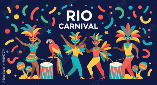Vibrant illustration of dancers and a parrot playing drums with confetti on a dark blue background with a Rio Carnival sign.
