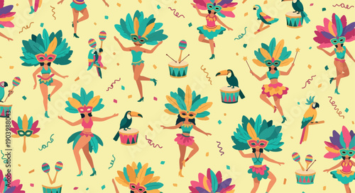 Vibrant patterned background featuring colorful dancing women in traditional costumes with floral accessories on a yellow surface.