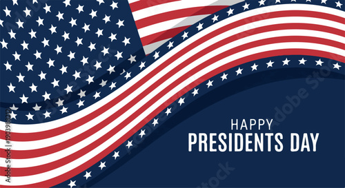 Graphic design of a waving American flag with 'Happy Presidents Day' text on a blue background with red, white, and blue colors.