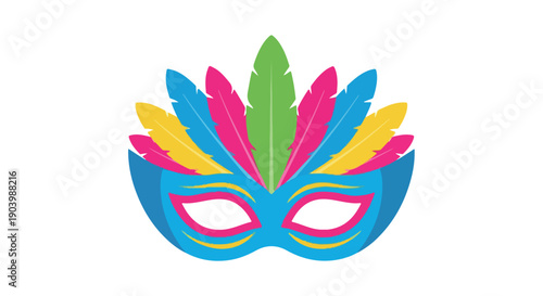 Vibrant colorful carnival mask with feathers on a white background, flat lay from above with bright mood.