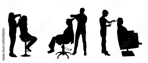 Barber and client haircut silhouette vector, barber holding scissors near head, customer sitting relaxed under cape, simple flat black shape on white background