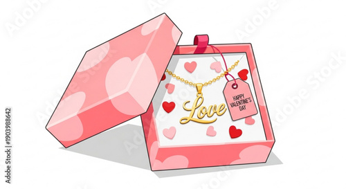 Beautiful gold necklace with 'Love' pendant in pink gift box for Valentine's Day
