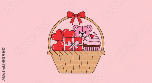 Adorable pink teddy bear and gifts in a basket for Valentine's Day