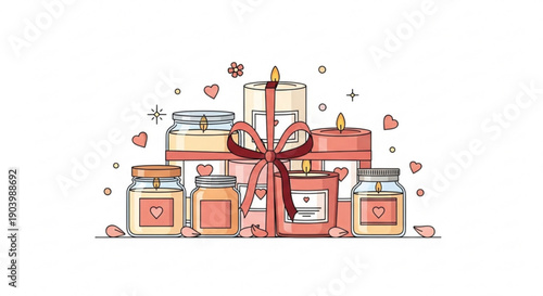 Romantic candles and candles in jars with hearts and gift wrapping