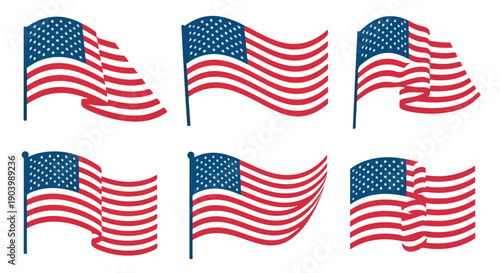 Collection of six waving American flags with blue field and white stars on a white background.