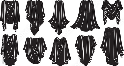 Collection of black draped fabric silhouettes with white outlines
