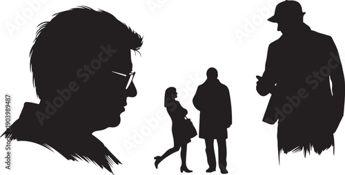 Silhouettes of people in various poses and outfits depicted