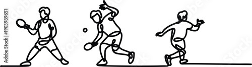 Three tennis players in action with rackets and ball in dynamic movements on court surface