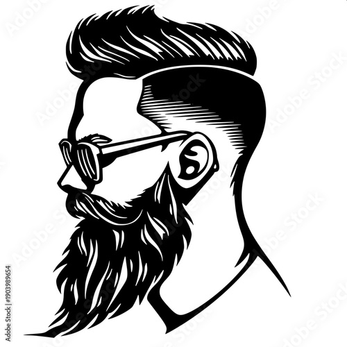 Modern barbershop haircut silhouette illustration, barber standing right side cutting hair of seated customer, clean minimal graphic design style