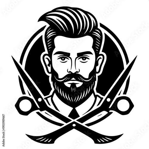 Modern barbershop haircut silhouette illustration, barber standing right side cutting hair of seated customer, clean minimal graphic design style