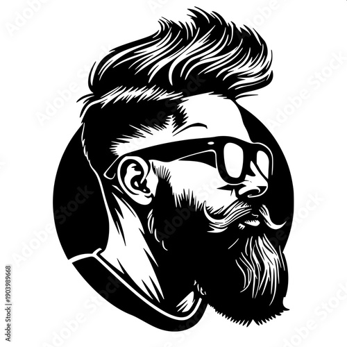 Modern barbershop haircut silhouette illustration, barber standing right side cutting hair of seated customer, clean minimal graphic design style